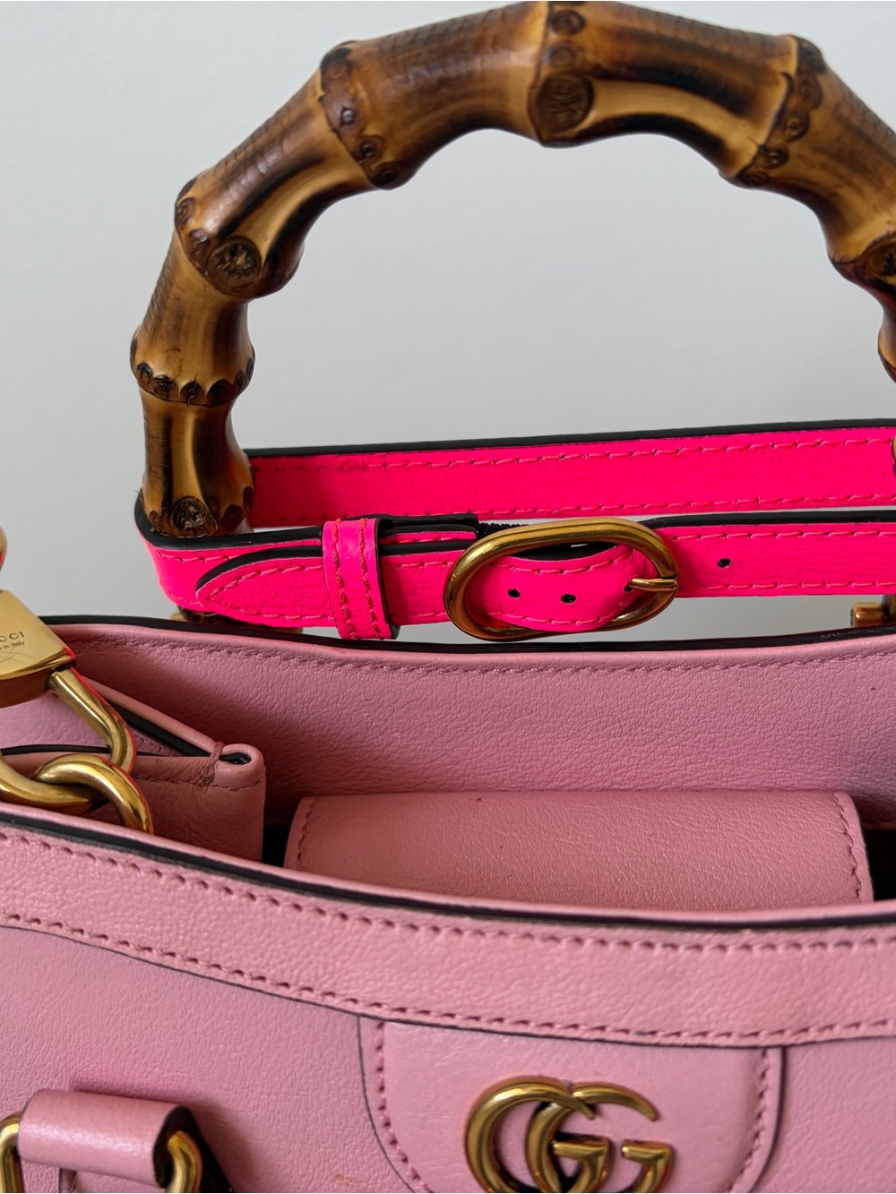 Gucci Pink Leather Mini Top-Handle Bag with Bamboo Handles and Neon Pink Strap - Picture 4 of 10